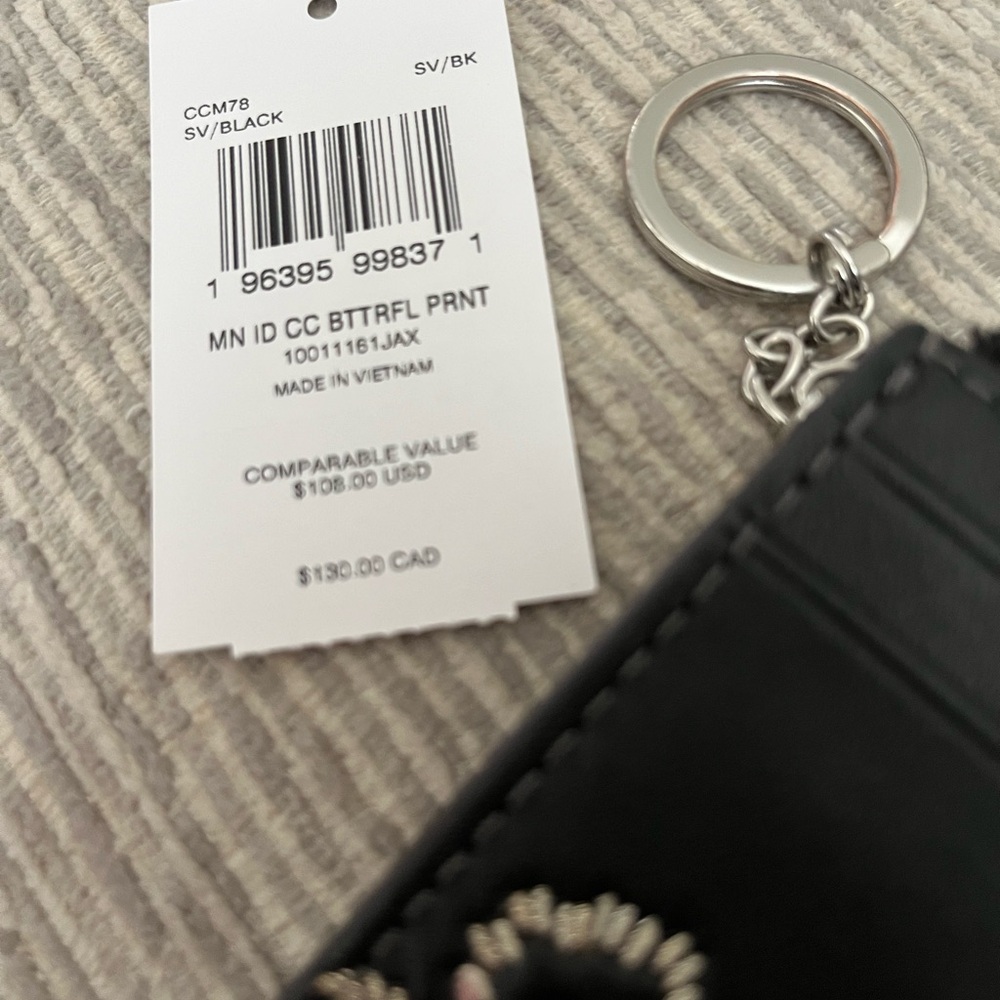 Coach Black Leather Card Case Keyring with Sequin Butterfly Accent - Picture 3 of 8